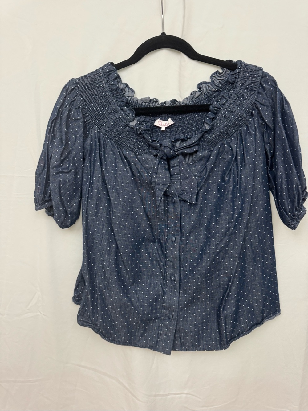 Parker Blue Swiss Dot Smocked Ruffle Neck Women’s Top